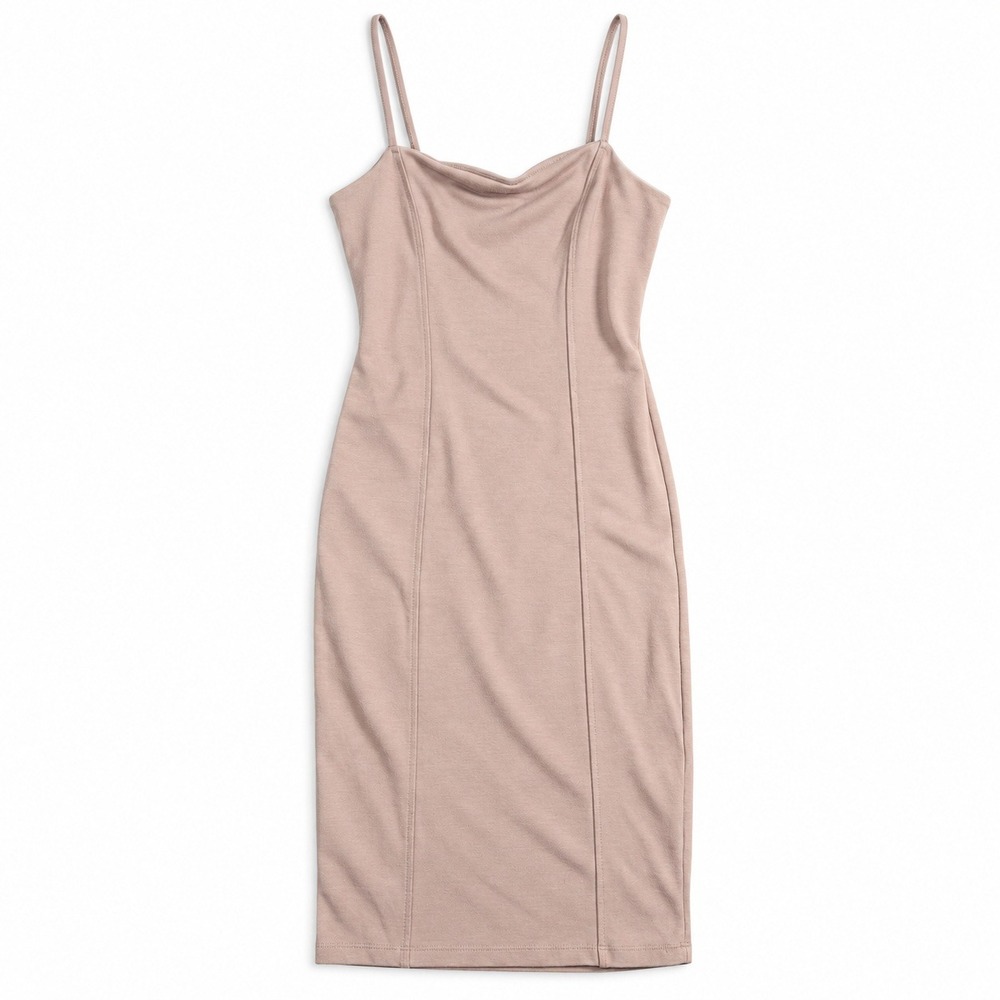 Mauve Taupe Spaghetti Strap Bodycon Mini Dress Square Neck Seamed Knit Womens